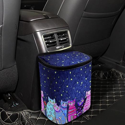 Galaxy Cat Print Car Trash Can with Lid, Leak Proof Auto Trash Bag Hanging Vehicle Garbage Can Multipurpose Storage Container for Back Seat Road Trip