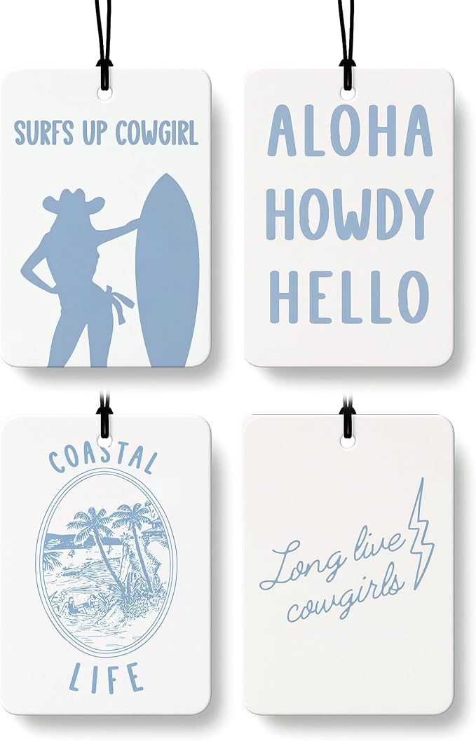 Blue Coastal Cowgirl Car Air Freshener 4 Pcs Coconut Scented, Preppy Summer Beach Car Accessories Mirror Decor for Women, Girly Western Hanging Air Freshener for Cars Closet Drawer Books