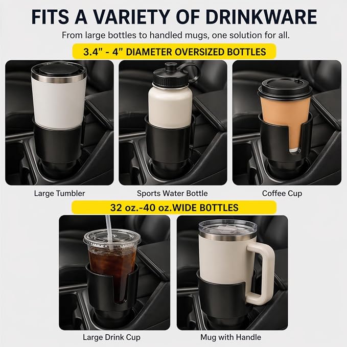 Car Cup Holder Expander for Large Bottles, Fits 32 oz to 40 oz Water Bottles and Handle Mugs, Secure Base for Most Vehicle Cup Holders, Durable ABS, Easy to Install, Durable ABS (Black)
