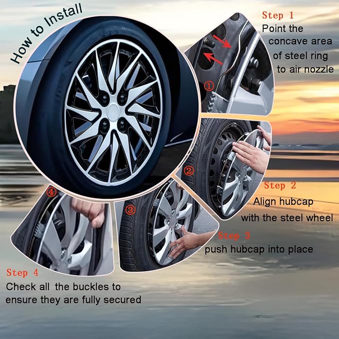 Hubcap Wheel Cover Replacement R15 Hub Caps Universal-Fit Steel Wheel Rim Cover ABS Material Exterior Accessories for Car Truck SUV -Set of 4（15-inch，Silver-Black）