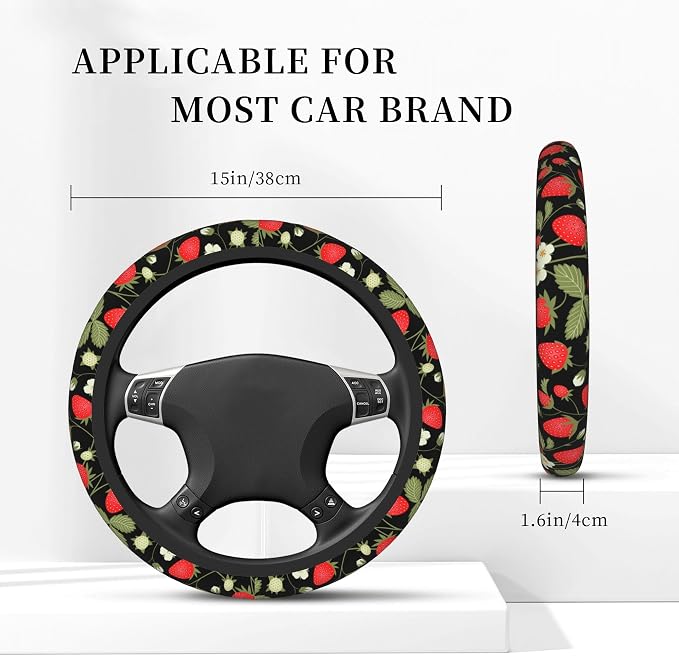 Strawberry Flowers Car Steering Wheel Cover, Non-Slip Absorbing Sweat Car Wheel Cover Accessories for Men Women,Universal 15" Fit Auto SUV Vans Trucks
