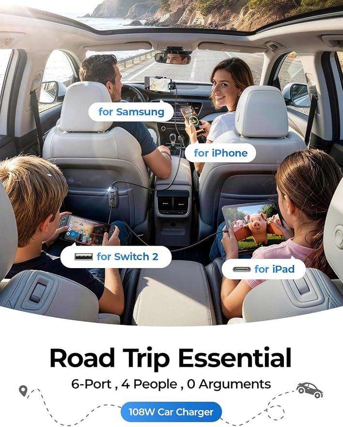 AINOPE 108W Multiple Ports Car Charger, Cigarette Lighter USB Charger, PD&QC Car Charger Adapter Fast Charging for iPhone 17 [+5FT Cable], 12V Road Trip Essentials for Kids, Car Accesories