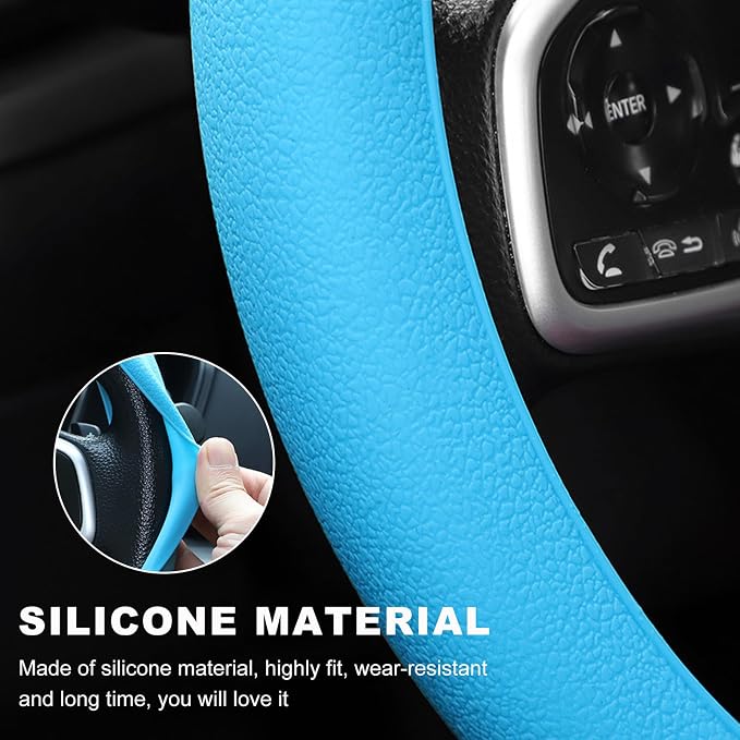 Car Steering Wheel Cover, 13 to 14.17 inches Anti-Slip Silicone Steering Wheel Protector, Soft Flexible Shock-Absorbent Steering Wheel Protective Cover for Most Car Models (Blue)
