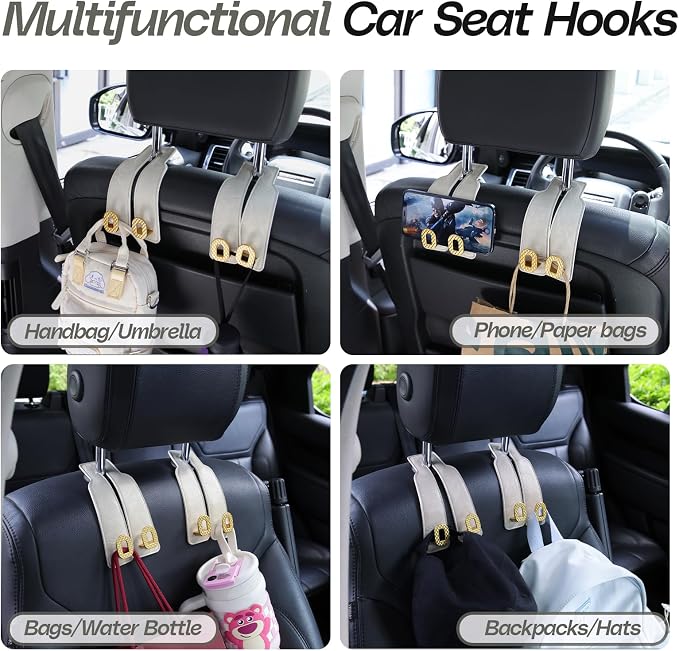 Car Headrest Hooks Universal Car Purse Hook Premium Leather and Alloy Twin Hook Car Seat Back Storage Hanger Hook for Purse Bags Cloth Drink Durable Holder Car Accessories (BH09-White-Gold-4 Pcs)