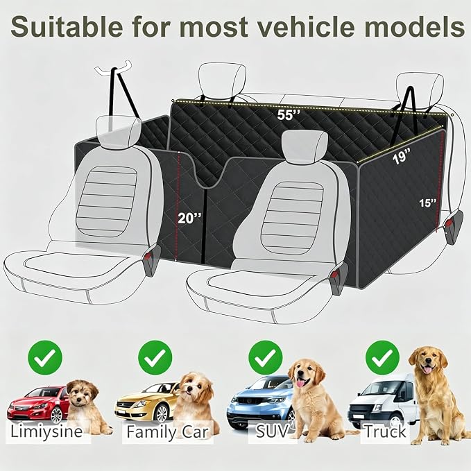 Dog Hammock for Car Back Seat Scratch Proof Nonslip Pet Car Seat Cover,Side Flaps with Zipper, Heavy Duty Car Seat Cover for Dogs with Storage Bag (Black-Zipper)