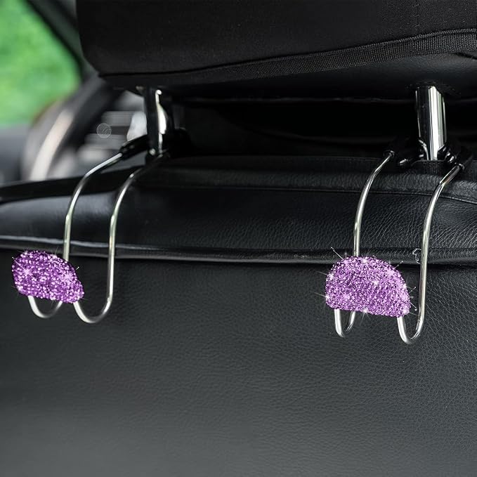 Car Headrest Hook, 2 Pack Bling Backseat Organizer Hanger for Purse Clothes Grocery Bag, Rhinestones Auto Headrest Storage Holder, Universal Car Seat Accessories for Most Vehicle (Purple)