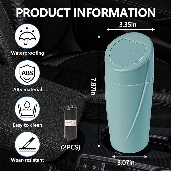 Mini Car Trash Can with Lid, Portable Garbage Can for Car, Leakproof Cup Holder Automotive Garbage Bin with 2 Rolls of Trash Bags, Small Trash Storage Can for Car Home Office(Dark Green)