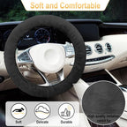 3 PCS Fluffy Steering Wheel Cover Set, 15'' Furry Car Wheel Cover, 2 Seat Belt Shoulder Pads, Anti-Slip Fur Steering Wheel Cover, Winter Warm Fluffy Car Accessories for Women, Black
