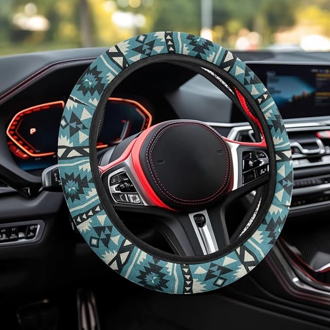 Car Steering Wheel Cover, 15 Inch Soft Breathable Steering Wheel Protector for Women Men, Universal Fit for SUV Sedan Van Truck, Southwest Aztec Blue