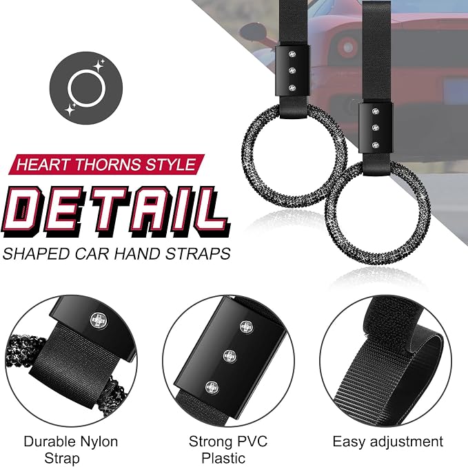 Round Car Handle Strap Drift Charm Car Accessories Bling Handle Ring for Women Rear Bumper Warning Ring Decor for Auto Bus Interior Exterior Decoration (Black, Round Style)