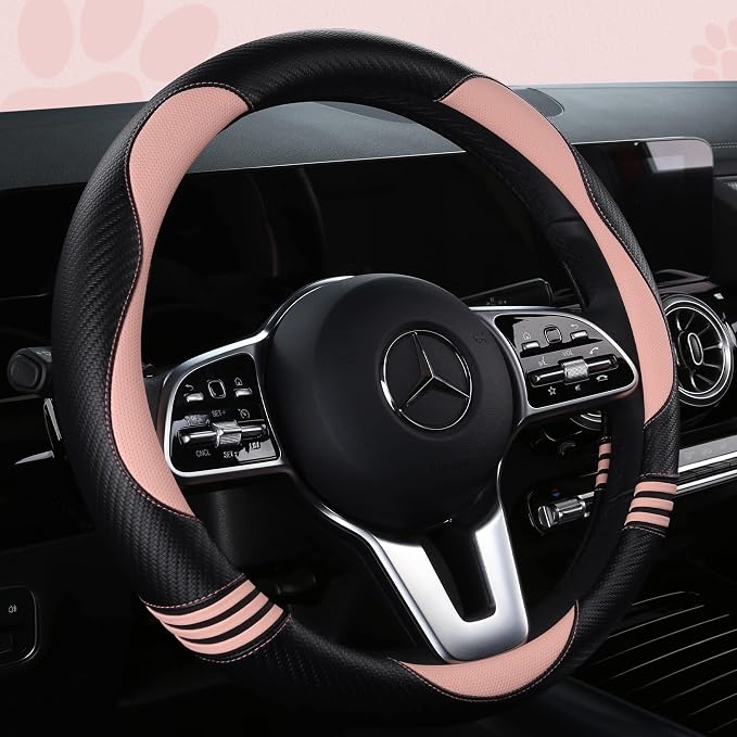 Car Steering Wheel Covers for Women Padded Carbon Fiber PU Leather Cute Auto Interior Accessories for Vehicle, Sedan, Universal, Anti Slip, Pink, Standard Size, 14.75-15.15in