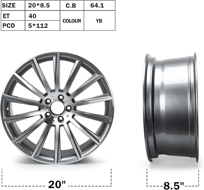 New 20x8.5" 20 Inch Rear Multispoke AMG Style Aluminum Alloy Wheel Rim Compatible with S500 S550 | OEM Design, Alloy Replacement Wheel, Super Duty Car Rims Replacement, OE Stock Specs