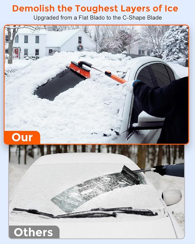 DooGooCoo [Upgrade] Ice Scraper & Extendable Snow Brush for Car Windshield [Military-Grade Sturdy] - 360° Pivoting Brush Head with Silicone Grip for Effortless One-Swipe Clean on Auto (Large)