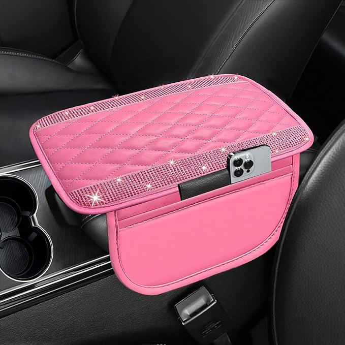 Bling Pink Car Center Console Cover, Leather Car Arm Rest Cover with 2 Storage Bags, Universal Auto Armrest Protector Storage Box, Pink Bling Accessories Interior for Most Vehicles