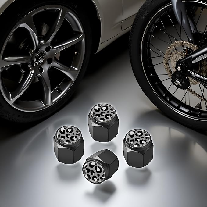 Tire Valve Stem Caps Cover,4 Pcs Metal Black Air Valve Cap, Aluminum Car Wheel Stem Caps,Universal Stem Covers for Cars,Trucks,Bikes,Motorcycles,Corrosion Resistant (Black Leopard Texture)