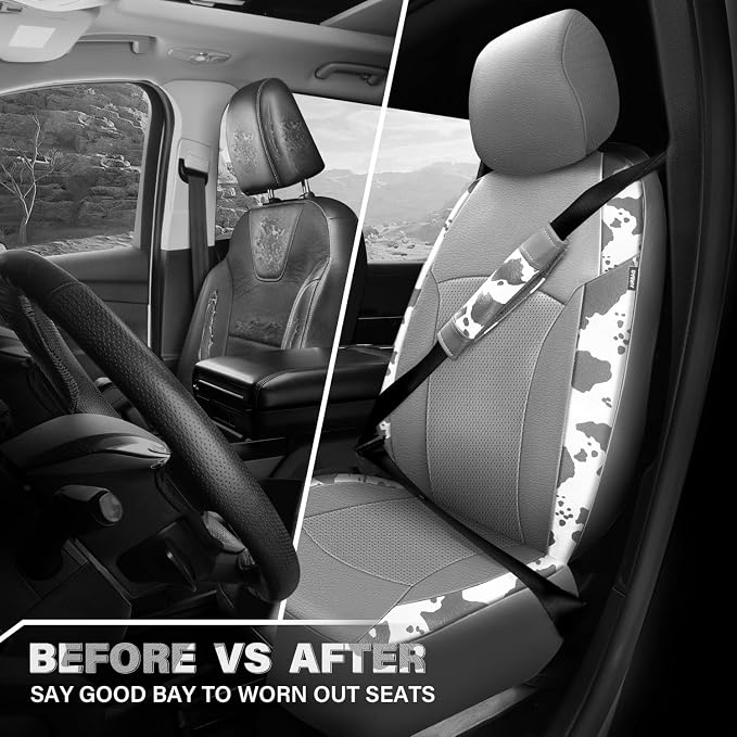 Cow Print Faux Leather Car Seat Covers & Cow Car Mats & Cow Steering Wheel Cover Seat Belt Pads Universal fit for SUV,Van,Saden,Truck Cute Car Accessories Automobile Interior Sets All Gray