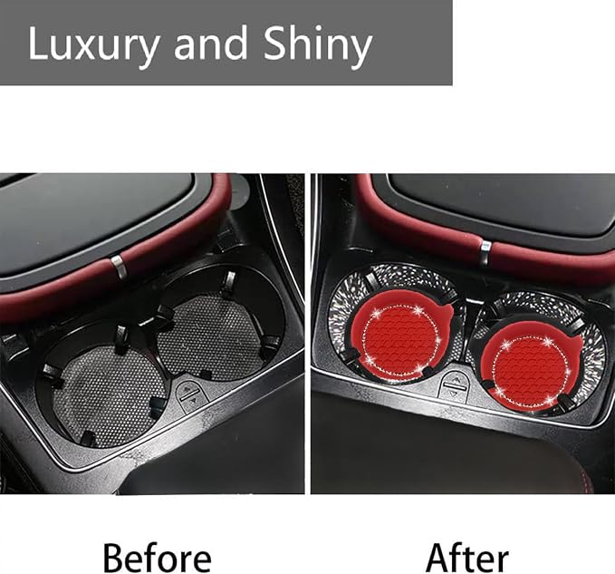 4PCS Bling Car Coasters, Non-Slip Insert Water Bottle Holder Pads, Bling Crystal Rhinestone Dustproof Automotive Interior Accessories, Universal for Vehicles, Trucks, RVs (4 pcs, Red)