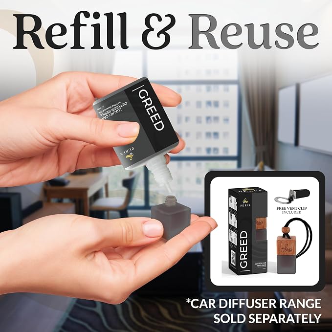 Greed Diffuser Refill 50ml Bottle | Strong Car Freshener with Car Odor Eliminator Technology | Long Lasting Automotive Car Air Freshener by