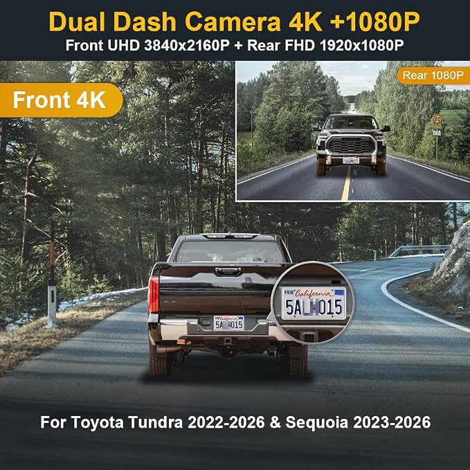 Front 4K+Rear 1080P Dash Cam Adapts for Toyota Tundra 2022-2026 Hybrid & Sequoia 2023-2026 (Gen3), OEM Look, 2 Way HD Video, WiFi & APP, Loop Recording, G-Sensor, Easy to Use, 128GB Card