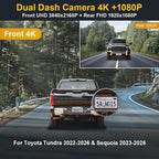Front 4K+Rear 1080P Dash Cam Adapts for Toyota Tundra 2022-2026 Hybrid & Sequoia 2023-2026 (Gen3), OEM Look, 2 Way HD Video, WiFi & APP, Loop Recording, G-Sensor, Easy to Use, 128GB Card
