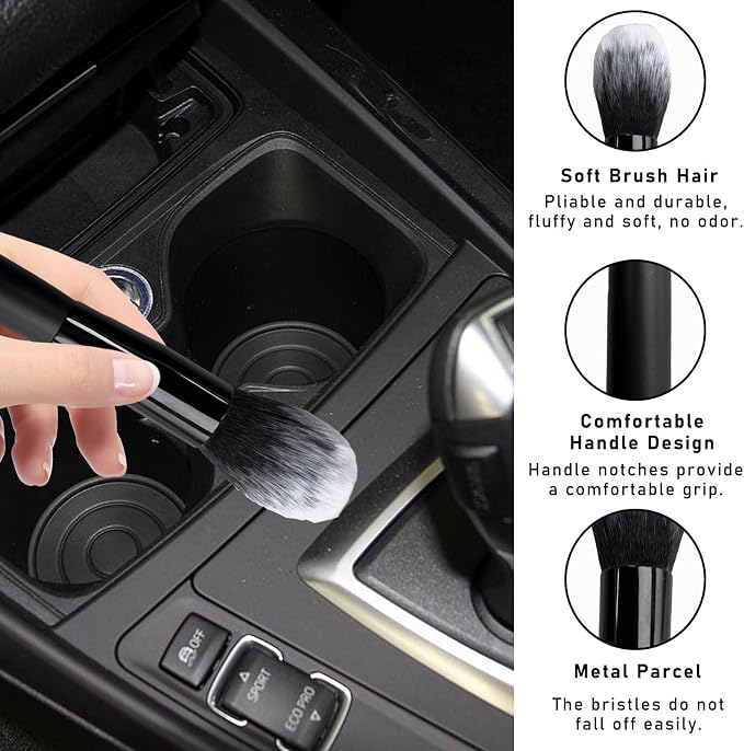 2PCS Car Interior Dust Brush, Soft Scratch Free Auto Detailing Brushes, Universal Vehicle Interior Cleaning Tool for Automotive Dashboard, Air Vents, Leather (Long Black & White)
