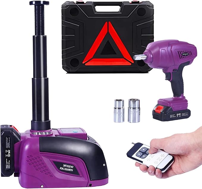 Cordless Electric Hydraulic Car Jack Kit with Impact Wrench, Remote Control 5 Ton 12V for SUV Sedans Tire Change with LED Light