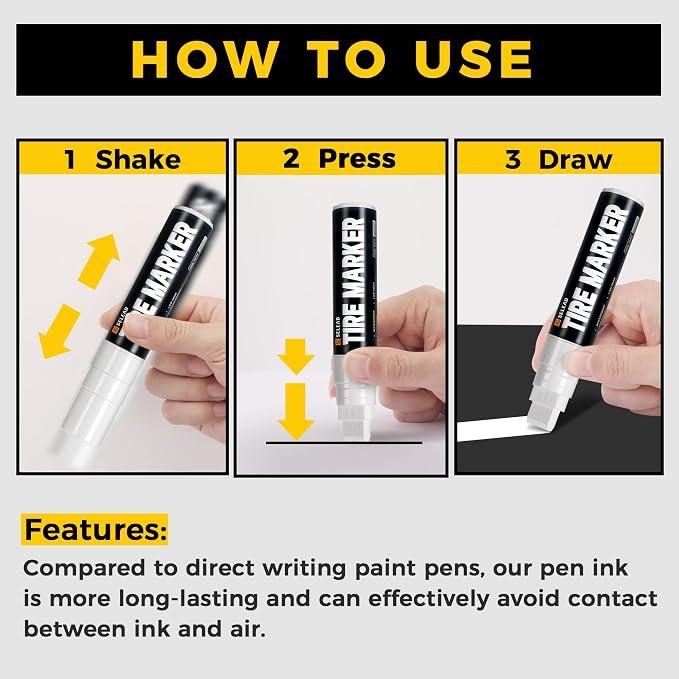 Jumbo Tire Marker White - 4 Pack 15mm Wide Tip Paint Pens for Car Tires Lettering, Large Capacity Premium Ink Waterproof Permanent Markers