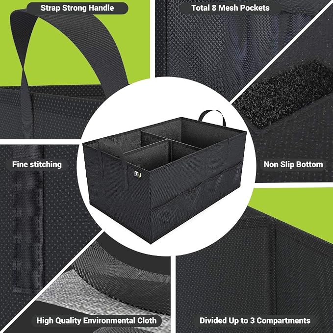 Trunk Organizer for Car, Car Organizer, 8 Mesh Pockets Trunk Organizer for SUV, Non-Slip Bottom, Storage Organizer for Sedans, Van, Jeep, Grocery, 2 Compartments, Black 22"x13"x11"