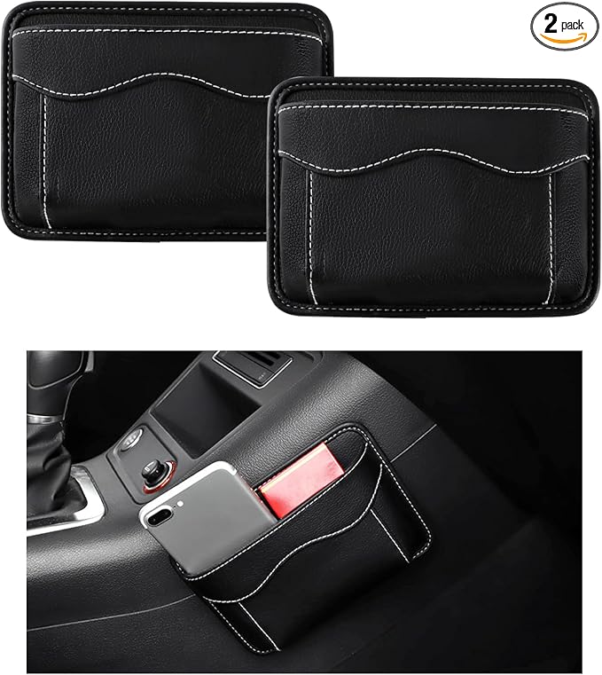 2 PCS Car Seat Side Pocket Organizer, PU Leather Cell Phone Sunglasses Storage Pocket, Mini Seat Gap Filler Pouch for Auto Seat Door Window Console, Interior Car Accessories (Black)
