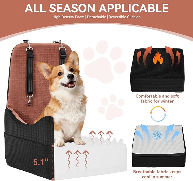 Dog Car Seat for Small/Medium Dogs Up to 35 lbs – Patented Safety System, 5" Memory Foam Pet Booster Car Seat, Fully Detachable and Washable Dog Carseat with 2 Storage Pockets (Black/Brown)