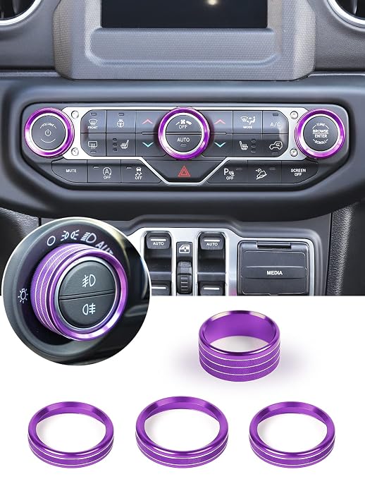 Climate Control Panel Knob Trim Kit & Light Control Switch Cover, Air Conditioner Knob Aluminum Alloy Ring for 2018-2024 Jeep Wrangler JL JLU & Gladiator JT, Interior Accessories, Purple