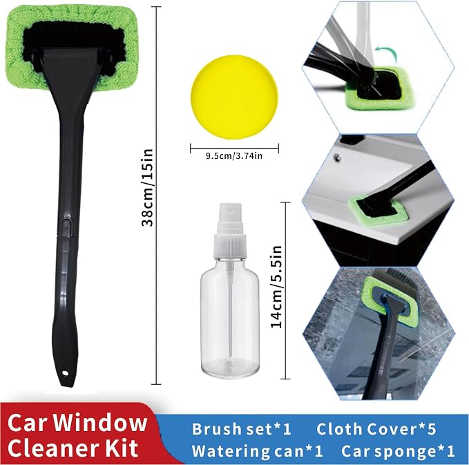 8pcs Car Windshield Cleaning Tool, Windshield Cleaner with with 5 Little Microfiber Pads that can be Washed/reused, Window Cleaner Tool, for Auto Glass Wiper (Green 01)