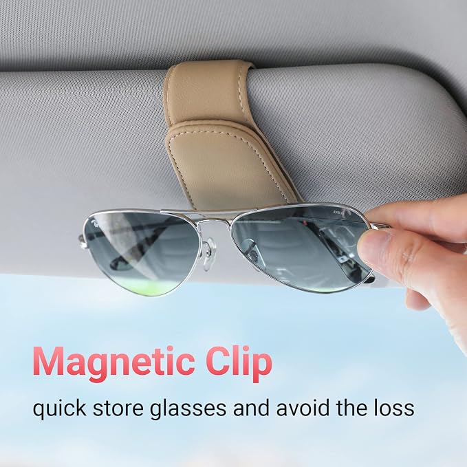 Sunglass Holder for Car Visor Sunglasses Clip Magnetic Leather Glasses Eyeglass Holder Interior Car Accessories for Woman Man - 2 Packs Beige