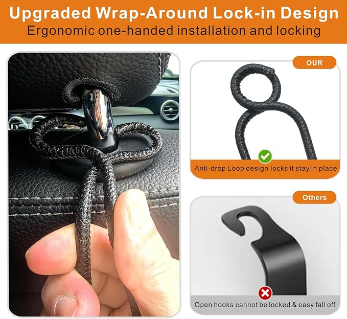 Car Headrest Hooks for Purse Bag, 2 Pack Car Seat Hooks - Black Leather/2L | Heavy-Duty Holds Up to 60lbs Metal Car Purse Holder for Grocery Handbag, Car Interior Accessories for Men Women