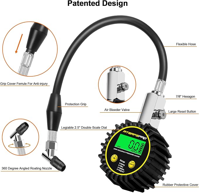 Digital Tire Pressure Gauge, Tire Pressure Gauge with Flexible Hose and Angled Chuck, Tire Pressure Gauge for Cars,Air Pressure Gauge - Professional Accuracy - 200 PSI