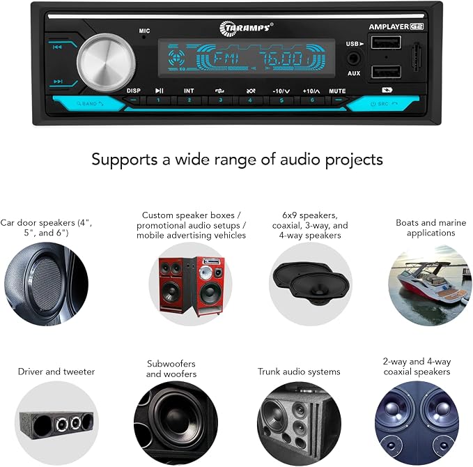 Amplayer G2 Bluetooth Car Stereo Single DIN Media Receiver with Built-in 400W RMS Amplifier, 4 Channels, USB, SD, FM Radio, Hands-Free Calling, Audio Processor & RGB LED Control