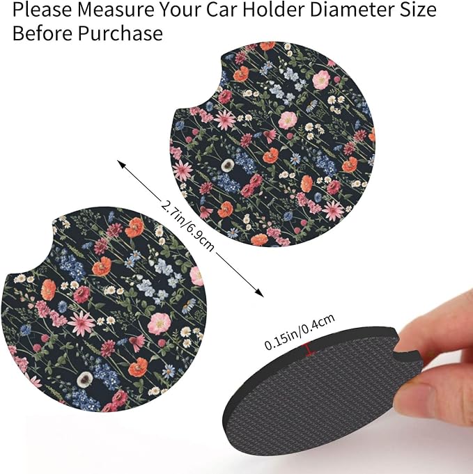 Wildflower Car Steering Wheel Cover + 2 Cute Floral Car Coasters 15 Inch | Multicolor Wildflower Steering Wheel Cover Anti-Slip Breathable Universal for Suitable for Men Women