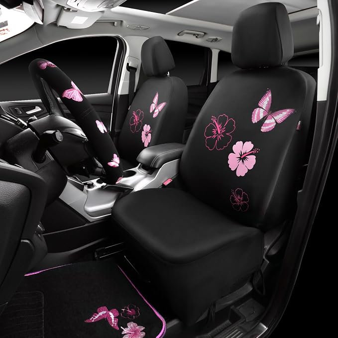 Universal Cloth Butterfly Car Seat Covers Full Set, Embroidered Flower Waterproof Car Floor Mats Carpet, Butterflies Steering Wheel Cover for Car Accessories Interior Sets (Black and Pink)