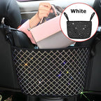 Bling Car Net Pocket Handbag Holder, Rhinestone Vehicle Backseat Purse Organizer Between Seats, Diamond Hanging Storage Bag Barrier of Pet Kids, Universal Automotive Accessories (White)