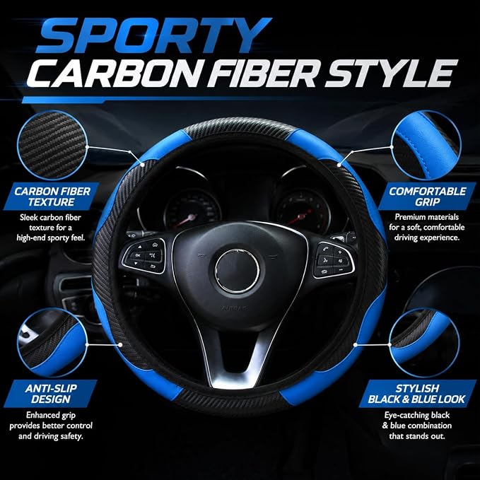 Car Steering Wheel Cover 15 inch, Microfiber PU Leather Elastic Steering Wheel Protector, Anti-Slip Breathable Car Interior Accessories for Most Cars (Blue)