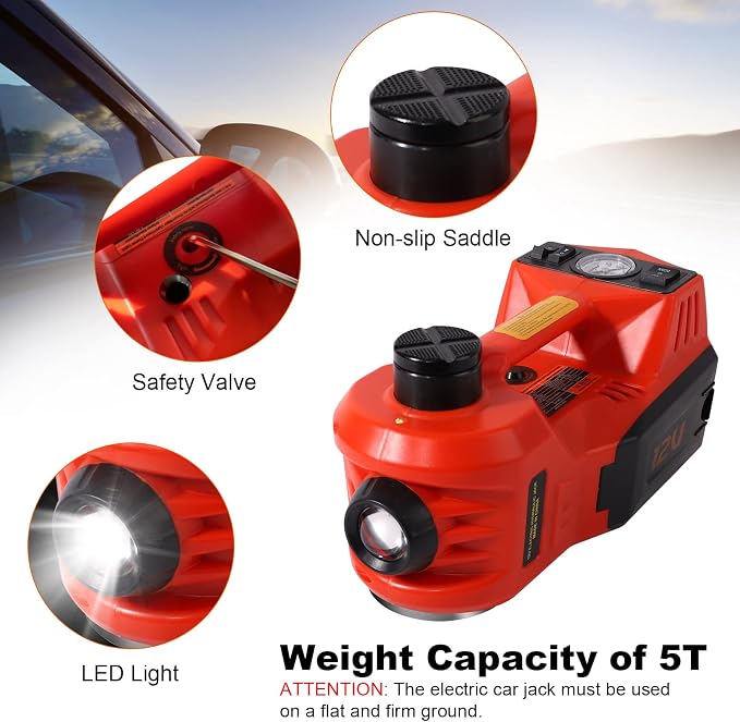 TYAYT Electric Car Jack Kit, 5 Ton Hydraulic Car Jack with Inflator Pump, 12V Portable Car Jack with LED Light for SUV MPV Sedan, Lifting Range 6 to 17.7 Inch (Red)