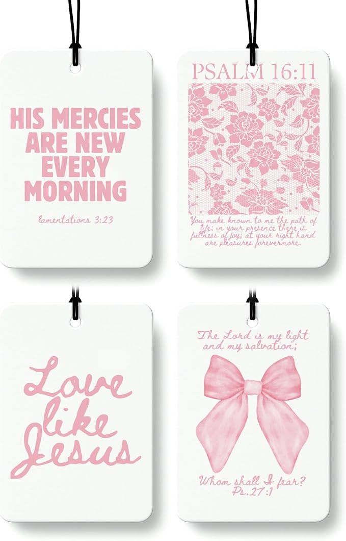 Pink Christian Car Air Freshener 4 Pcs, Girly Pink Bow Floral Religious Hanging Air Freshener for Cars Closet Drawer Books, Cute Preppy Christian Car Accessories Mirror Decor for Women