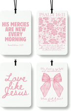 Pink Christian Car Air Freshener 4 Pcs, Girly Pink Bow Floral Religious Hanging Air Freshener for Cars Closet Drawer Books, Cute Preppy Christian Car Accessories Mirror Decor for Women