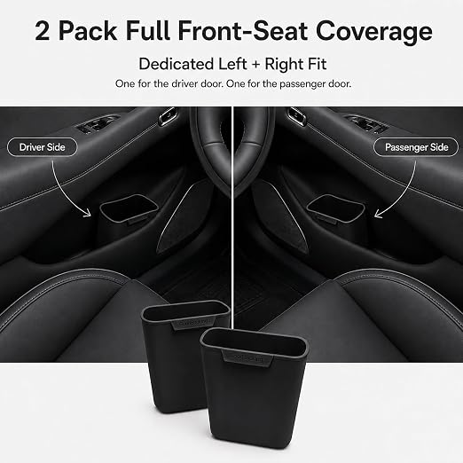 Car Door Trash Can 2 Pack, Black Silicone Garbage Bin for Driver Passenger Door Pocket, Waterproof Auto Waste Container Fits Most Standard Car Door Pockets