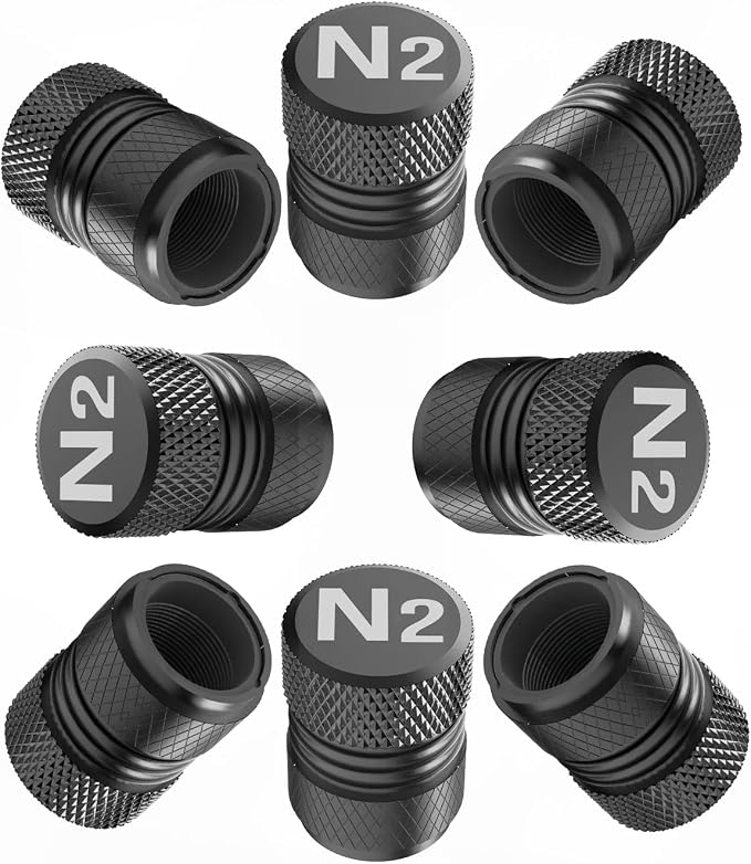 Tire Valve Stem Caps - Tire Air Caps Cover 8 Pack N2 Nitrogen Logo Corrosion Resistant Premium Alloy Universal for Car Truck Motorcycle Bike-Black