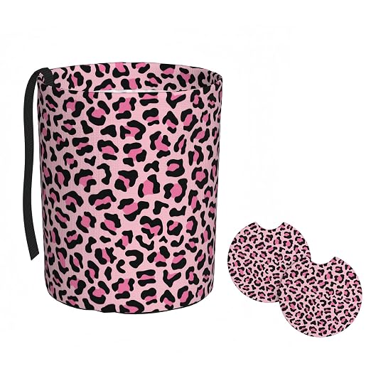 Car Trash Bag Leopard Print Pink Hanging Back of Seat Car Portable Trash Bag Leopard Print Pink Waterproof One-Handed Portable Strap Drawstring Garbage Bags 2 Pieces Car Coasters