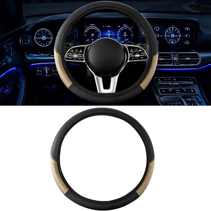 Car Steering Wheel Cover, 15 inch Carbon Fiber Microfiber Anti-Slip Breathable PU Leather Elastic Steering Wheel Protector, Car Interior Accessories for Most Cars (AD-Beige)