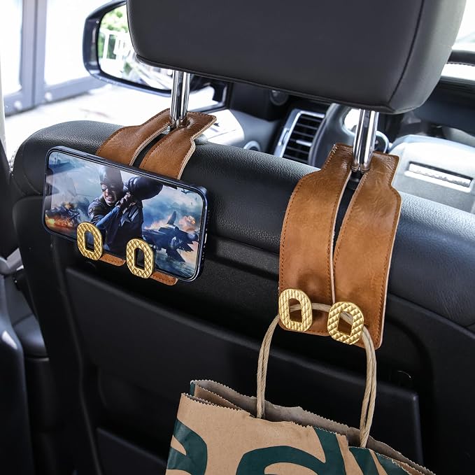 Car Headrest Hooks Universal Car Purse Hook Premium Leather and Alloy Twin Hook Car Seat Back Storage Hanger Hook for Purse Bags Cloth Drink Durable Holder Car Accessories (BH09-Brown-Gold)