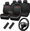Leather Car Seat Cover Full Set with Steering Wheel Cover and 2PCS Seat Belt Shoulder Pads,for Trucks and SUV with Built-in Seatbelts and Front Seat Side Armrests(Combo Set, Black and Red)