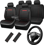 Leather Car Seat Cover Full Set with Steering Wheel Cover and 2PCS Seat Belt Shoulder Pads,for Trucks and SUV with Built-in Seatbelts and Front Seat Side Armrests(Combo Set, Black and Red)